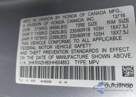 2017 Honda Cr-V Ex-L/Ex-L Navi из США, поврежденный, VIN 2HKRW2H80HH604853